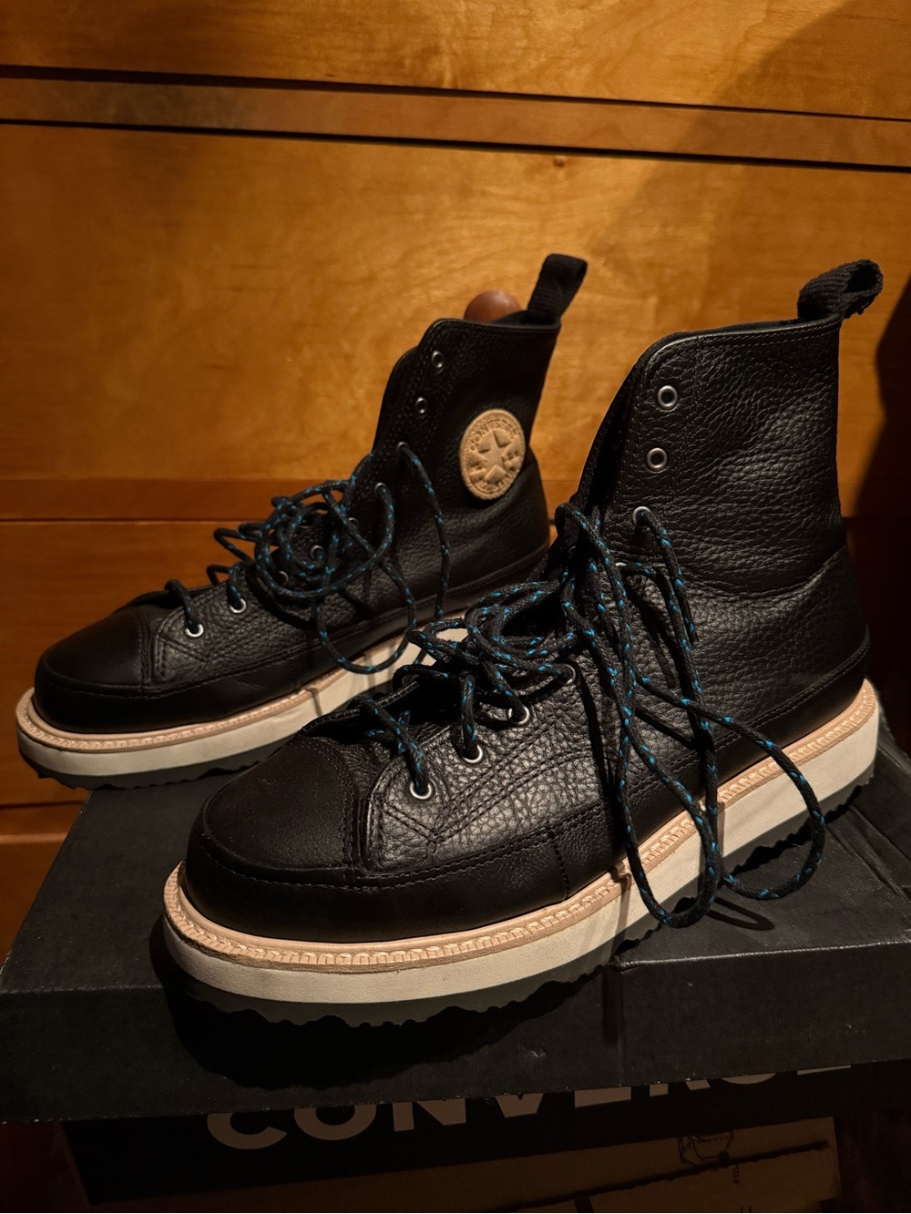 Converse Black Cream Blue Leather High-Top Boots Style Shoes